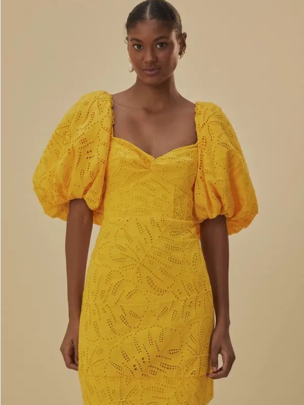 Farm Rio Monsters Yellow Puff-Sleeve Eyelet Mini Dress Size Small